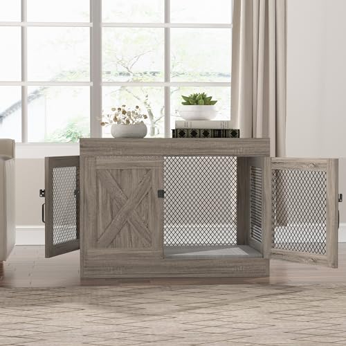 Wooden Dog Crate Furniture,36 Inch Dog Kennel Indoor with Double Doors, Medium Dog Cage with Cushion, Wood Pet House End Table Chew-Resistant for Medium/Small Dog, Grey