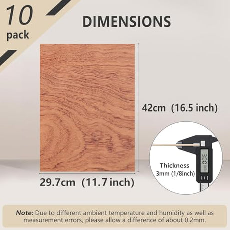 Creatorally 10 Pack Rosewood Plywood Sheets, 16.5"x11.7"x1/8" Unfinished Wood Blanks, Ideal for Laser Cutting, Engraving, DIY Crafts, Wood Burning, Sign Making & Home Decor Creatorally
