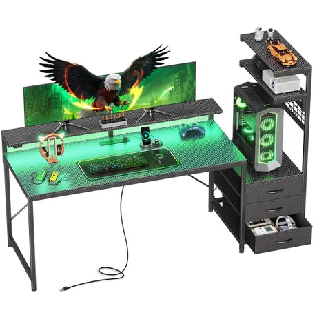 PRAISUN 61.7" Gaming Desk with LED Lights & Outlets, Computer Desk with 3 Fabric Drawers, PC Desk with PC Case Stand & Movable Storage Shelves, Monitor Stand, Reversible, Carbon Fiber Black PRAISUN