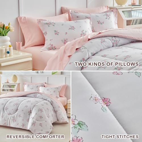 Joyreap 6pcs Bed in a Bag for Girls, Floral Pink Design, Twin Size Microfiber Comforter Sheet Set, Soft Cozy Bedding Comforter Set for All Season Joyreap