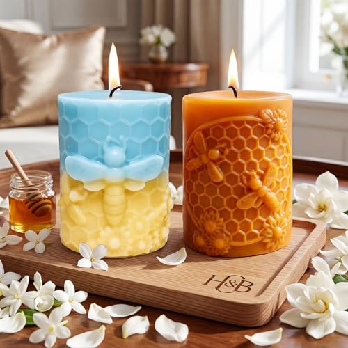 MEMOVAN Bee Candle Molds 2PCS Bee Cylinder Silicone Soap Mold Honeycomb Flower Mold Beeswax Candle Mould for Resin Epoxy Soap Casting Clay Wax Plaster Ornament Mould DIY Craft Home Decor