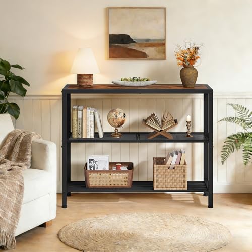 Hoctieon Industrial Console Table, 3-Tier Entryway Tables, Metal Frame, Sofa Table with Shelf, Hallway Tables, Entrance Desk for Entryway, Living Room, Foyer, Hallway, Rustic Brown&Black Hoctieon