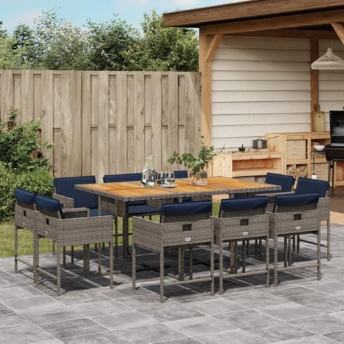 vidaXL 11-Piece Patio Dining Set - Gray Poly Rattan, Navy Cushions, Foldable Chairs, Acacia Wood Table for Garden, Backyard, Outdoor - WoodArtSupply