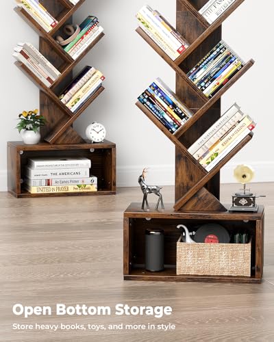 Evermagin Rustic Brown 6-Tier Tree Bookshelf with Adjustable Light – Stylish Book Organizer for Home & Office Evermagin