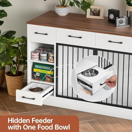 47.2" Dog Crate Furniture with Storage Drawers & Hidden Bowl, Wooden Indoor Kennel with Shelf & 2 Doors, Pet Cage for Small/Medium Dogs LotaTools