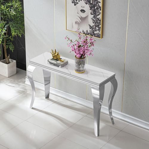 Modern Rectangular Silver Faux Marble Console Table, 0.71" Thick Faux Marble Top, 4 Stainless Steel Legs with Silver Mirrored Finish for Living Room (Silver6) ShopBOPP