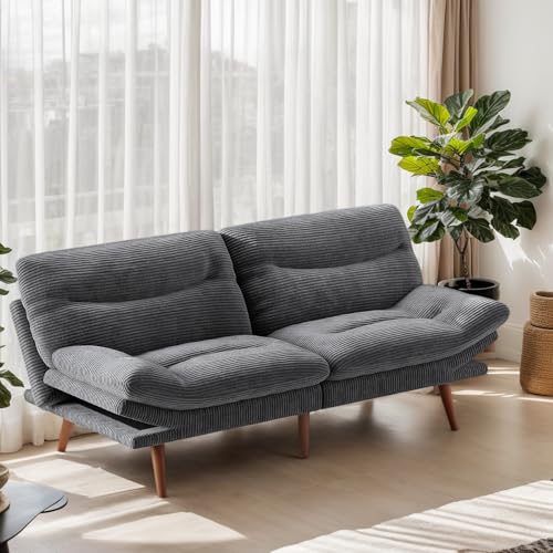 Marsail Futon Sofa Bed, 66” Futon Couch with Adjustable Backrest & Armrests, Convertible Small Sleeper Sofa Bed for Small Apartments, Study Room, Office, Corduroy Loveseat, Grey Marsail