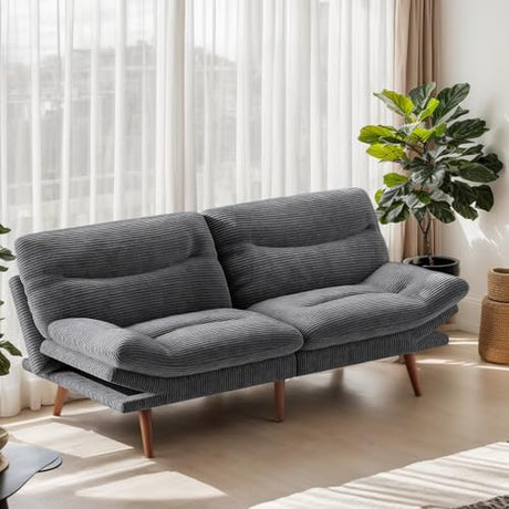 Marsail Futon Sofa Bed, 66” Futon Couch with Adjustable Backrest & Armrests, Convertible Small Sleeper Sofa Bed for Small Apartments, Study Room, Office, Corduroy Loveseat, Grey Marsail