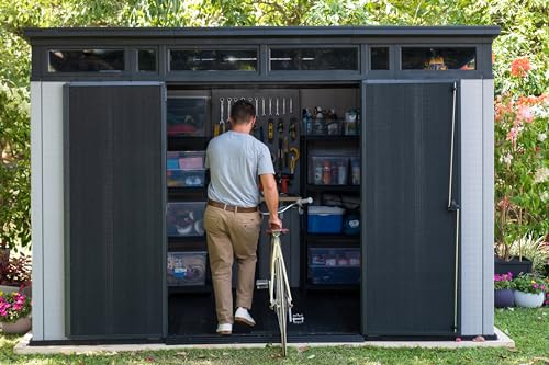 Keter Artisan 11x7 Modern Resin Outdoor Storage Shed Kit-Perfect to Store Patio Furniture, Garden Tools Bike Accessories, Beach Chairs and Lawn Mower, Grey & Black - WoodArtSupply