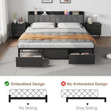 GarveeHome King Size Bed Frame with Storage Headboard, Black King Platform Bed with 2 Large Drawers and Charging Station, Industrial No Box Spring Needed Bedframe GarveeHome