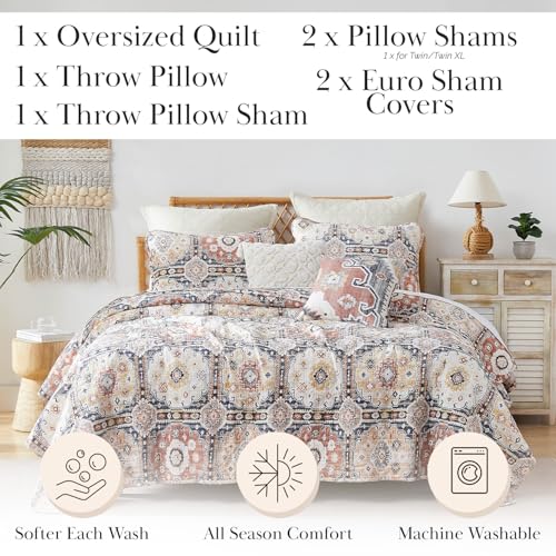 Southshore Fine Living, Inc. Full or Queen Size Quilt Set, 7-Piece with 2 Pillow Shams, 2 Euro Shams, Throw Pillow & Throw Cover, Boho Bedding Set, Queen/Full Size Quilts for Bed, Kilim Natural Southshore Fine Living, Inc.