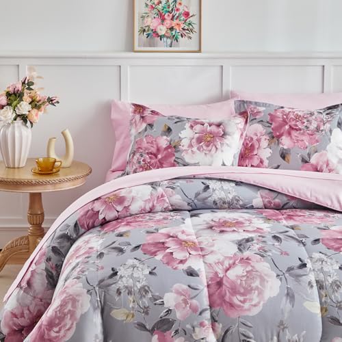 Joyreap 3pcs Floral Comforter Set Full/Queen, Tie-dye Pink Flowers on Gray Design, Microfiber Lightweight Bedding Comforter Set for All Season- 88x88 inches Joyreap