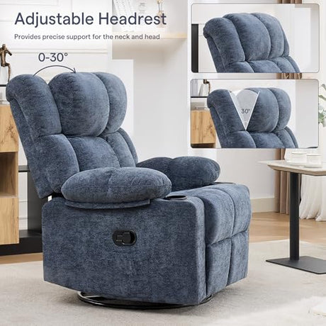 Coziture 360°Swivel Rocker Recliner Chair,Rocking Recliner Chair with Adjustable Headrest for Adults,Upholstered Fabric Rocking Chair Swivel for Bedroom,Living Room,Blue Coziture