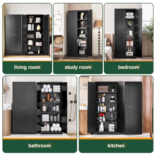Letaya Black Storage Cabinet with Adjustable Shelves-Metal Home Kitchen Pantry Cabinets with Doors,Organization Locker for Cupboard/Bedroom/Dining/Living/Bathroom/Office/Garage Room Letaya