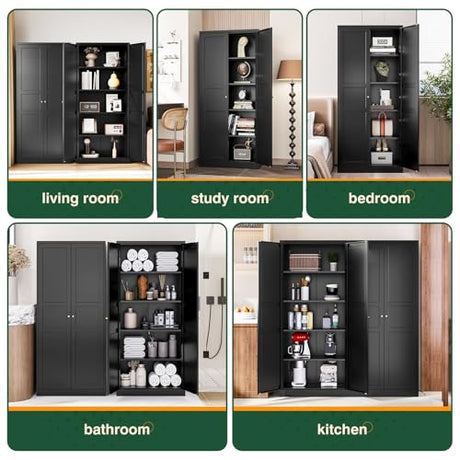 Letaya Black Storage Cabinet with Adjustable Shelves-Metal Home Kitchen Pantry Cabinets with Doors,Organization Locker for Cupboard/Bedroom/Dining/Living/Bathroom/Office/Garage Room Letaya
