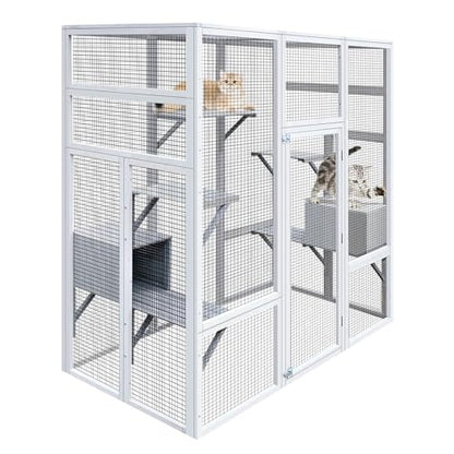 62.6" L x 32.3" W x 70.1" H Outdoor Wooden Cat House Large Catio, Solid Wood Cat Cage Shelter Enclosure Playpen with Anti-UV& Waterproof, 7 Platforms and 2 Resting Boxes - WoodArtSupply