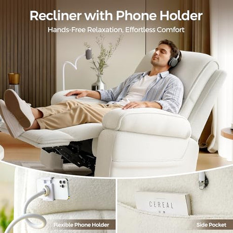 YuuYee Teddy Fleece 360° Swivel Rocker Recliner Nursery Rocking Chairs with Phone Holder Manual Gilder Recliner Chair with Wide Foot Rest for Living Room and Baby Room YuuYee