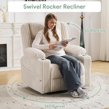 Power Recliner Chair with Massage and Heat, Oversized Swivel Rocker Recliner for Adults with Adjustable Headrest, Nursery Glider with Arm Storage and Cup Holder, Beige RUTOX