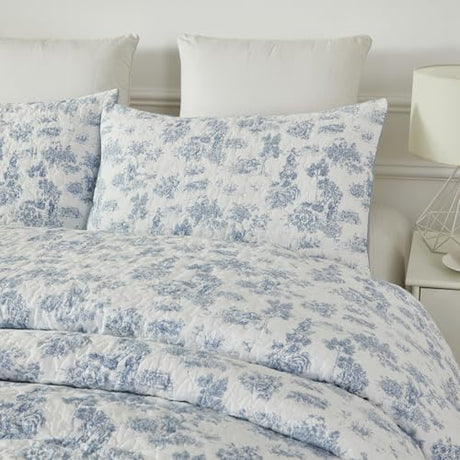Brandream Twin Size Quilt Set Cotton Toile Bedding Blue Floral Quilts Vintage-Inspired Quilt Set 2-Piece Brandream