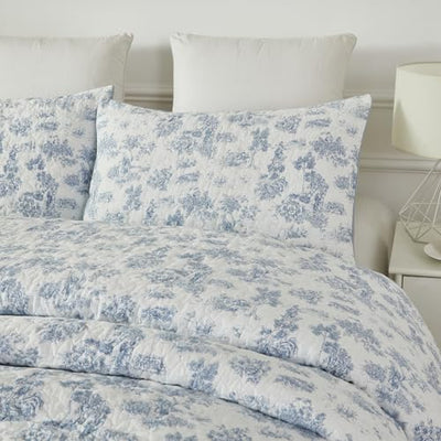 Brandream Twin Size Quilt Set Cotton Toile Bedding Blue Floral Quilts Vintage-Inspired Quilt Set 2-Piece