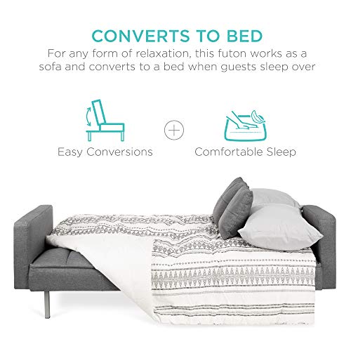 Best Choice Products Convertible Linen Fabric Tufted Split-Back Plush Futon Sofa Furniture for Living Room, Apartment, Bonus Room, Overnight Guests w/ 2 Pillows, Wood Frame, Metal Legs - Dark Gray Best Choice Products