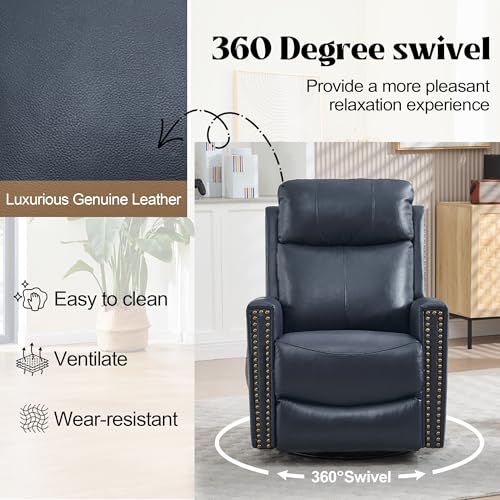 Genuine Leather Swivel Rocker Recliner Chair for Adults, Manual Glider Rocking Chair for Nursery with Vibration Massage & Lumbar Heat, Rivet Design Single Sofa for Living Room, Blue