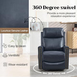 Genuine Leather Swivel Rocker Recliner Chair for Adults, Manual Glider Rocking Chair for Nursery with Vibration Massage & Lumbar Heat, Rivet Design Single Sofa for Living Room, Blue