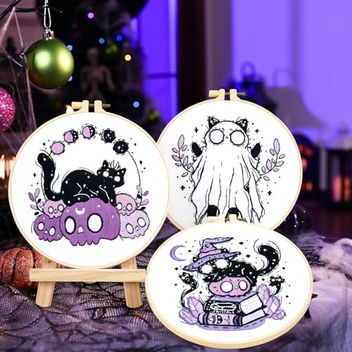 Crafmanoe Halloween Embroidery Kit for Beginners Adults, Skull Cat Stamped Cross Stitch Kit for Adult Beginner, Gothic Ghost Hand Embroidery Needlepoint Kits, 3 Set Embroidery Hoops and Video Tutorial
