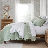 WDCOZY Sage Green King Size Quilt Bedding Set, Seafoam Scalloped Farmhouse Country Rustic Lightweight Soft Coverlet for All Season, Cute Cozy Kantha Pick Stitch Bedspread, 2 Pillow Shams WDCOZY