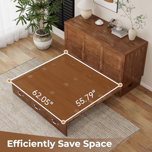 Nesbsakte Queen Murphy Bed Cabinet: Hidden Space-Saving Solid Wood Cabinet Bed with USB Charging for Beedrooms and Apartments(Mattress Not Included) Yellow Brown-15 Nesbsakte