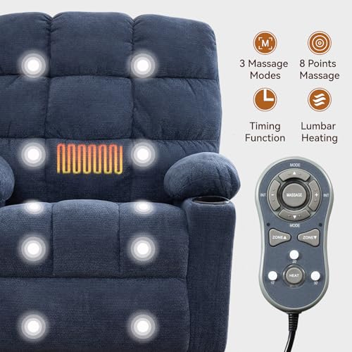 Sang Seiyoga Heat Massage Recliner Chair with Rocker & Swivel, Wall Hugger Small Recliner for Small Spaces, Manual Living Room Chair, Navy Blue, Ergonomic Design for Relaxation