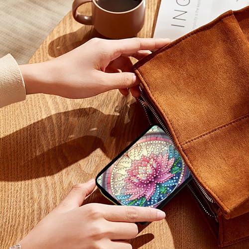 Credit Card Holder, DIY Diamond Art Painting Zipper Credit Cards Wallet for Women Accordion Card Cases Holder KeyChain Wallet-Pink Flower WoodArtSupply