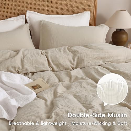 PHF 100% Natural Cotton Muslin Duvet Cover Set King Size, Ultra Soft Breathable Absorbent, Luxurious Minimalist Gauze Bedding for All Season, Duvet Set with 2 Pillow Shams, 104" x 90", Linen PHF