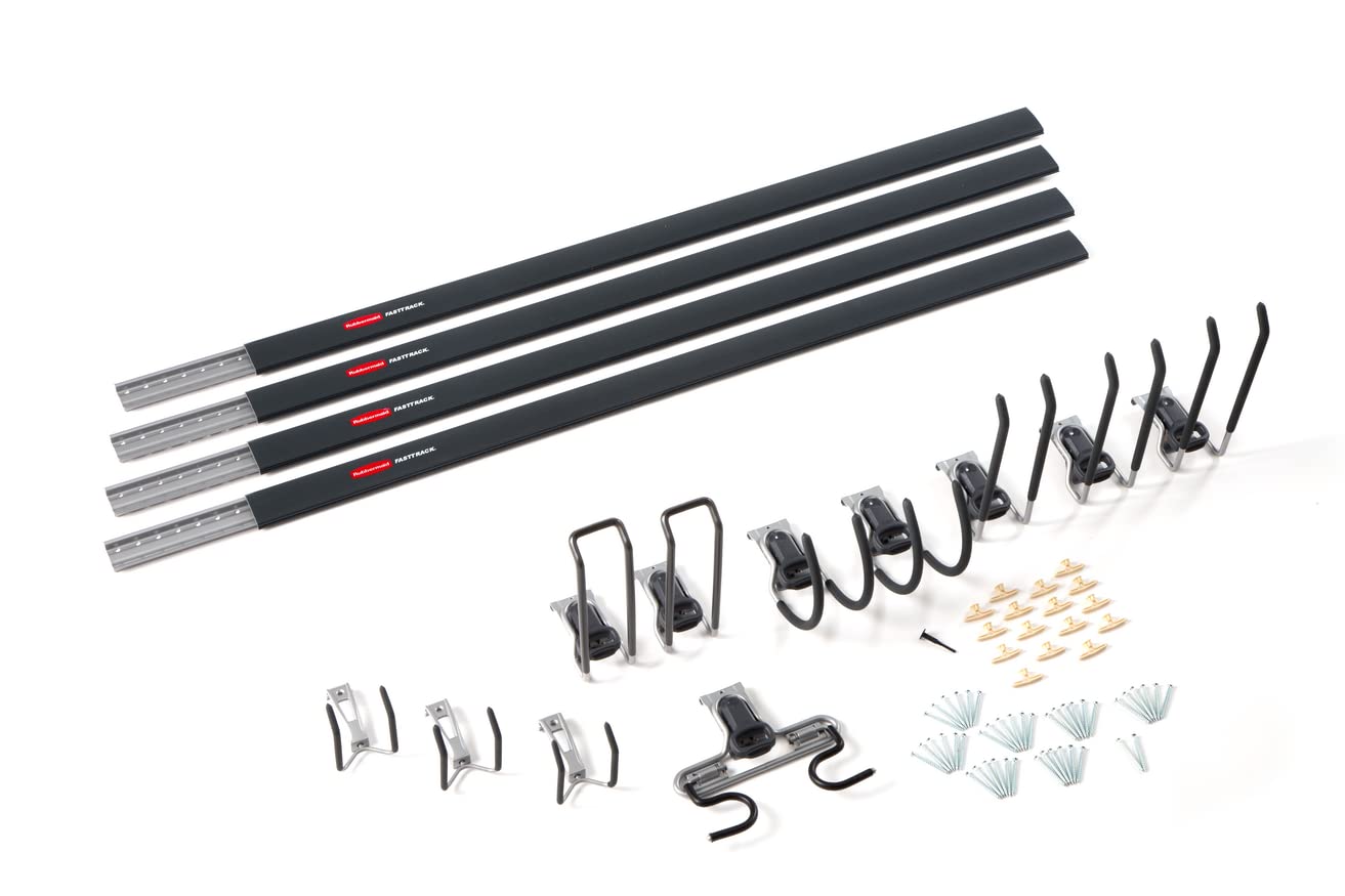 Rubbermaid 15-Piece FastTrack Garage Wall-Mounted Storage Kit, 4 Rails and 11 Hooks, for Home/House/Tool/Sports/Equipment/Utility Purposes