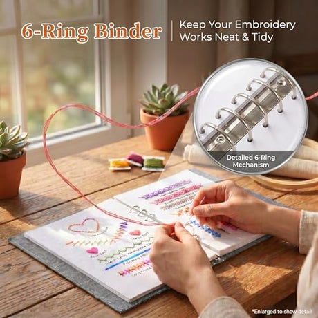 Tofficu 2026 Upgraded Embroidery Stitch Book - 180 Patterns Embroidery Starter Practice Book, Beginner Cross Stitch Supplies Kit with 6-Ring Binder 24-Color Threads & Tools for Adults DIY Craft Gift Tofficu