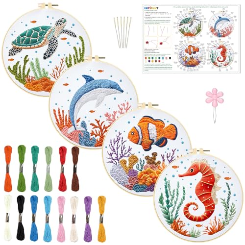 INFUNLY 4 Sets Whale Embroidery Kits for Beginners DIY Cross Stitch Starter Kits with Turtles Seahorses Patterns Fish Sea Animals Embroidery Kits with Instructions Embroidery Cloth Hoops Threads Tools