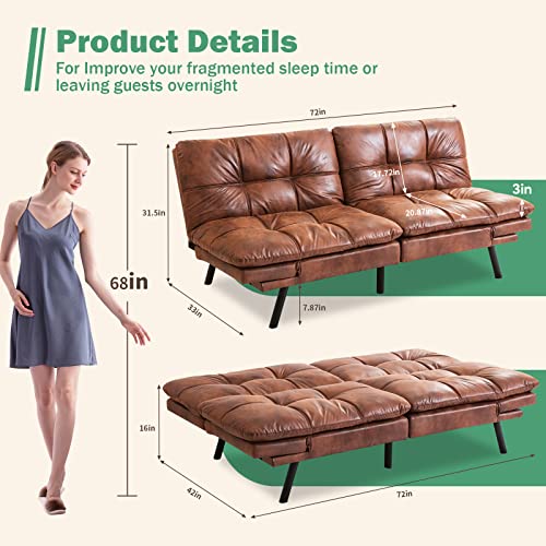 Vyfipt Futon Sofa Bed/Couch, Memory Foam Small Splitback Sofa for Living Room,Modern Loveseat with Covertible Armrests,Faux Leather/Cushion Thicker Version(Brown) Vyfipt