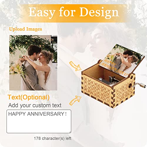 Personalized Music Box Custom Gift with Your Photo Text Wooden Hand Crank Music Box for Father's Day Mother's Day Valentine's Day Wedding Anniversary Boneker