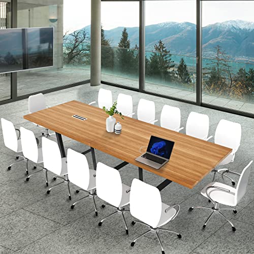 ahliss Sturdy Conference Table with Cable Management Grommets Modern Rectangle Office Meeting Table with Wood Tabletop and Metal Frame & Legs- Easy Assembly Boardroom Table (Natural, 12 foot)