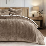 EVERGRACE Velvet Quilt Set King Size, Luxurious Soft Striped Channel Bedding Set, Lightweight Velvet Comforter for All Season, Oversized Bedspread Coverlet with 2 Matching Shams, Mocha Brown EVERGRACEHOME