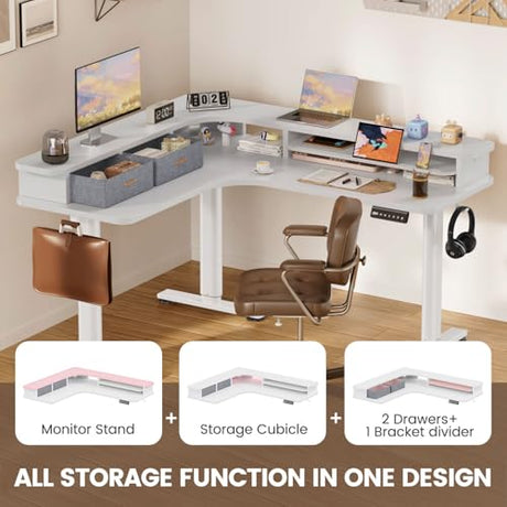 Flycity Electric L Shaped Standing Desk with Drawers, 63" x 55" Corner Standing Desk Adjustable Height, Stand Up Home Office Desk, Dual Motor Sit Stand Desk with 3 Memory Preset & Lock, White Flycity