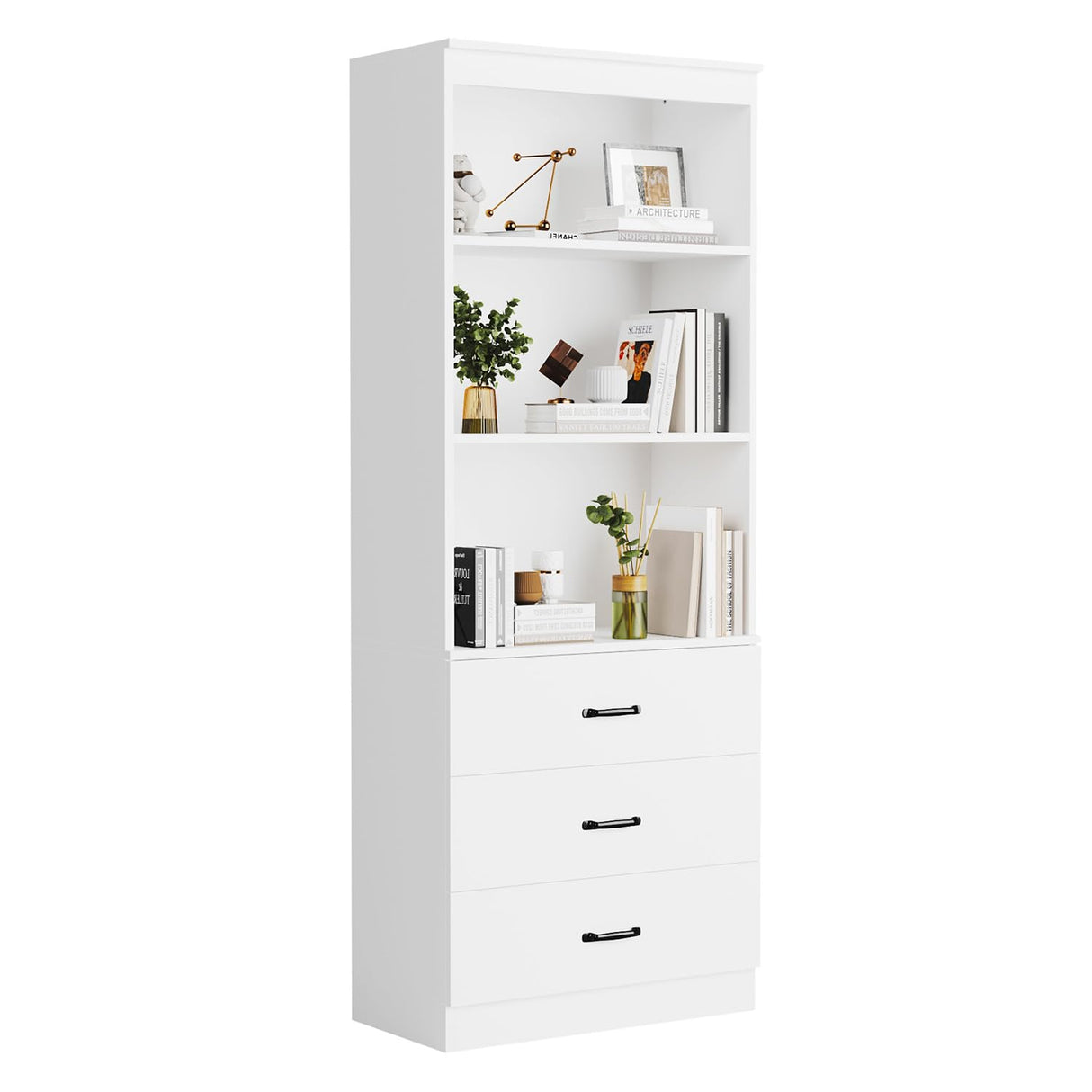 oneinmil 70" H 6-Tier Bookshelf with 3 Drawers, White Bookcase with 3-Tier Open Shelves, Tall Book Shelf with Storage Space, Wooden Storage Cabinet for Living Room, Bedroom, Office (White, 6-Tier) oneinmil