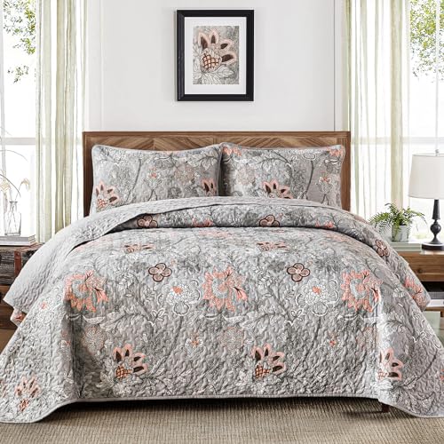 WONGS BEDDING Floral Quilt Set King Size, Grey Botanical King Bedspread Bedding Sets Soft Lightweight Microfiber Flower Gray Coverlet Set 3 Pieces for All Season (104"x90") WONGS BEDDING