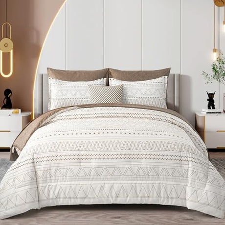 WONGS BEDDING 7 Pieces Brown Comforter Set King Size,Boho Bed in a Bag Geometric Stripe Comforter Reversible Soft Microfiber Bedding Set with Pillowcases & Shams,Flat Sheet,Fitted Sheet WONGS BEDDING