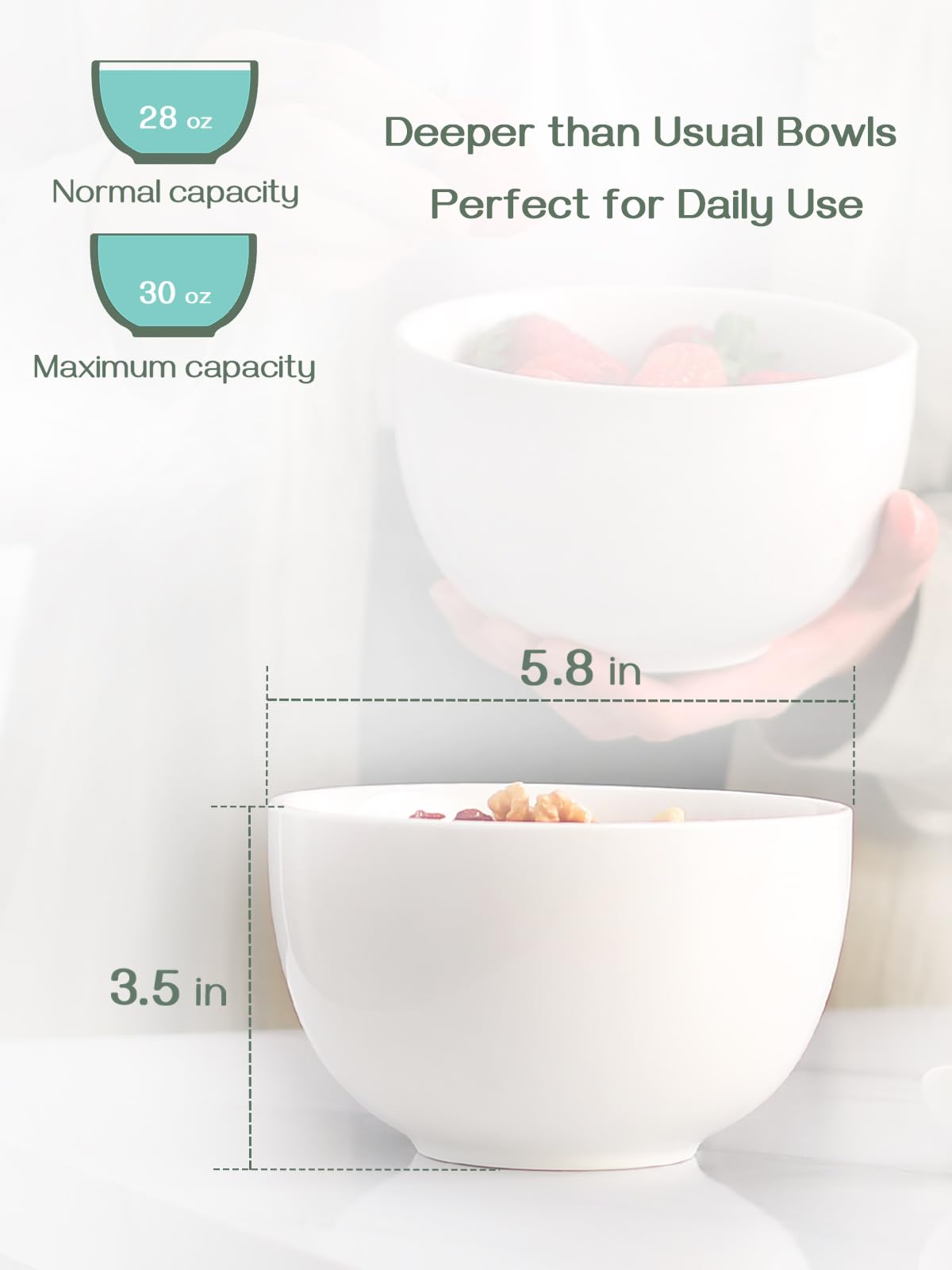 DOWAN 5.8" Deep Soup Bowls & Cereal Bowls - 30 Ounces Large Bowls Set of 4 for Kitchen - White Ceramic Bowls for Cereal, Soup, Oatmeal, Salad, Ramen, Noodle, Rice - Dishwasher & Oven Safe DOWAN