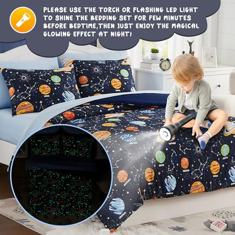Twin Kids Comforter Set - 5 Pieces Twin Bedding Sets for Boys, Glow in The Dark Space Bed in A Bag with Sheets Kaleido Space