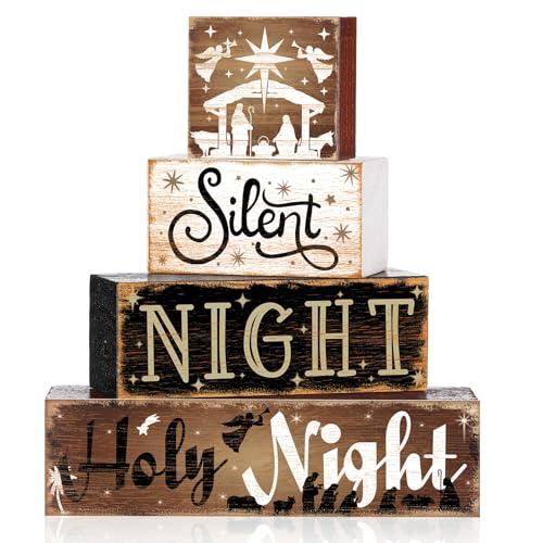 Moucuny 4 Pcs Christmas Nativity Tabletop Decor Nativity Scene Wooden Block Silent Holy Night Sign Christmas Tiered Tray Decor Centerpieces Farmhouse Table Decor for Home Mantle Table Moucuny