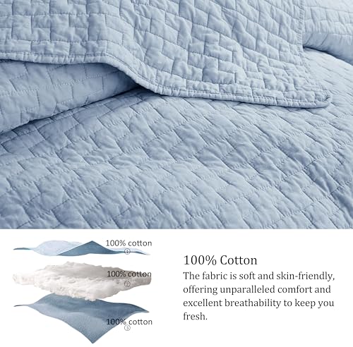 palassio Baby Blue 100% Cotton Quilt King Size Bedding Sets with 2 Pillow Shams, Textured Lightweight Soft Bedspread Shabby Chic Coverlet, Neutral Quilted Comforter Bed Cover for All Season, 3 Pieces palassio