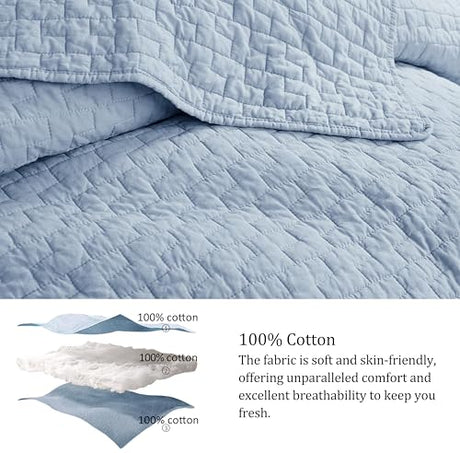 palassio Baby Blue 100% Cotton Quilt King Size Bedding Sets with 2 Pillow Shams, Textured Lightweight Soft Bedspread Shabby Chic Coverlet, Neutral Quilted Comforter Bed Cover for All Season, 3 Pieces palassio