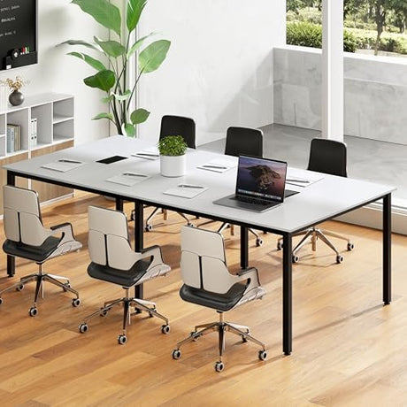 Nightcore Rectangle Conference Table for 10, 8 ft Large Seminar Table with 2 Cable Grommets, Modern Industrial Office Computer Desk with Metal Legs for Boardroom, Meeting Room, White Goplus